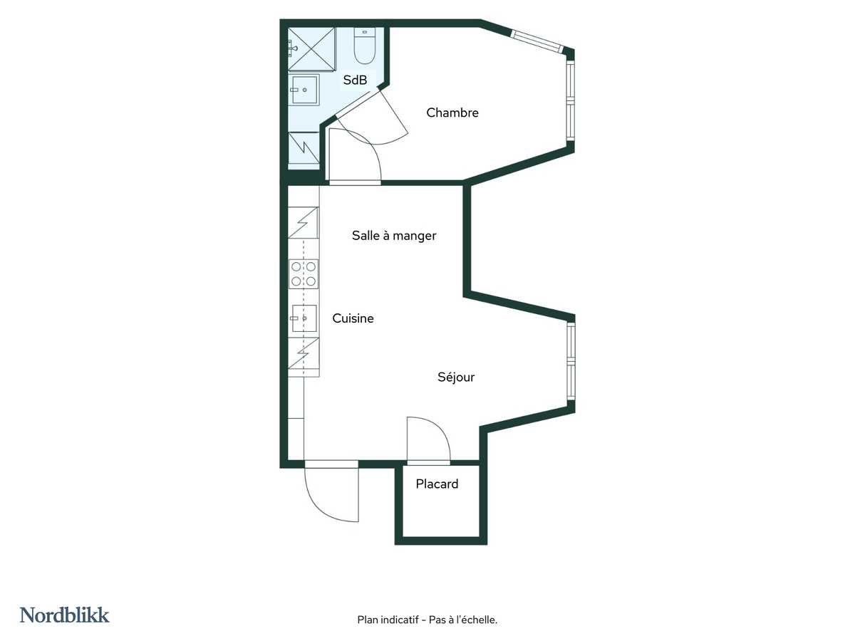 Exemple de plan 2D : appartement avec séjour, cuisine, chambre et salle de bain, réalisé à partir du reportage photo, pas à l'échelle